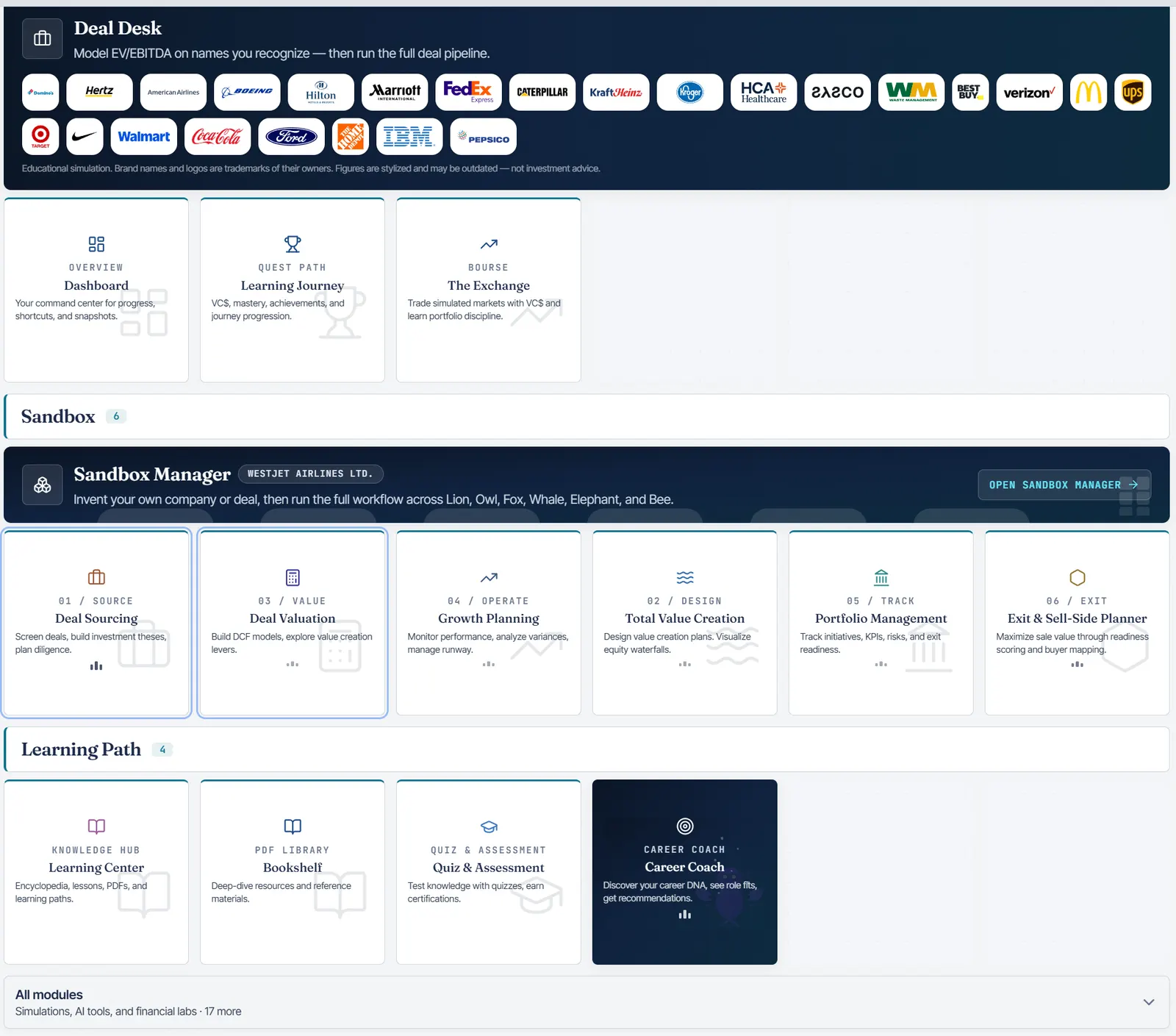 PE Super Simulator Deal Desk with brand scenarios, Overview dashboard, Quest Path, and The Exchange